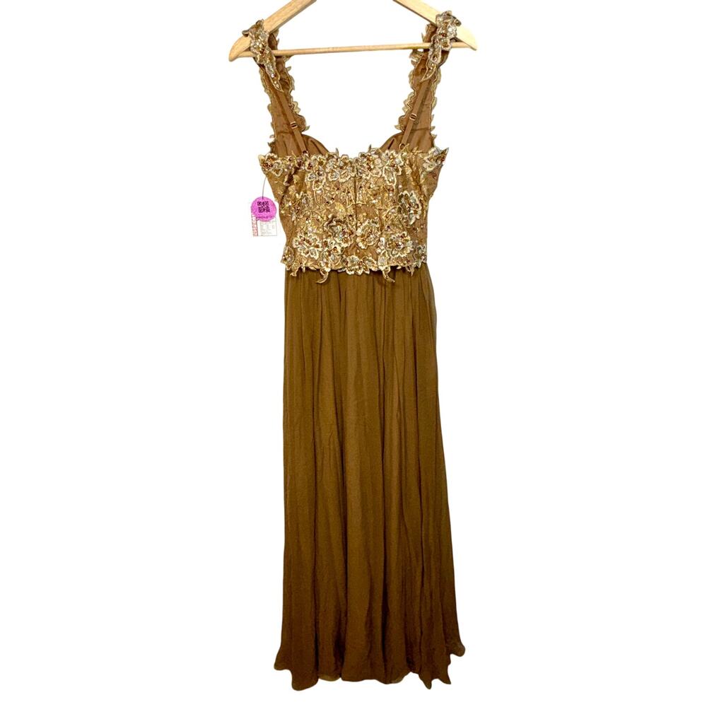 NWT Mandalay Brown Gold Lace Beaded Embellished Long Evening Gown Dress Size 6 - Picture 5 of 15